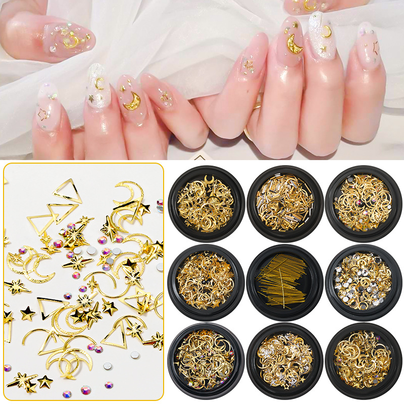 nail art jewelry special-shaped metal star and moon rivet set hollow alloy
