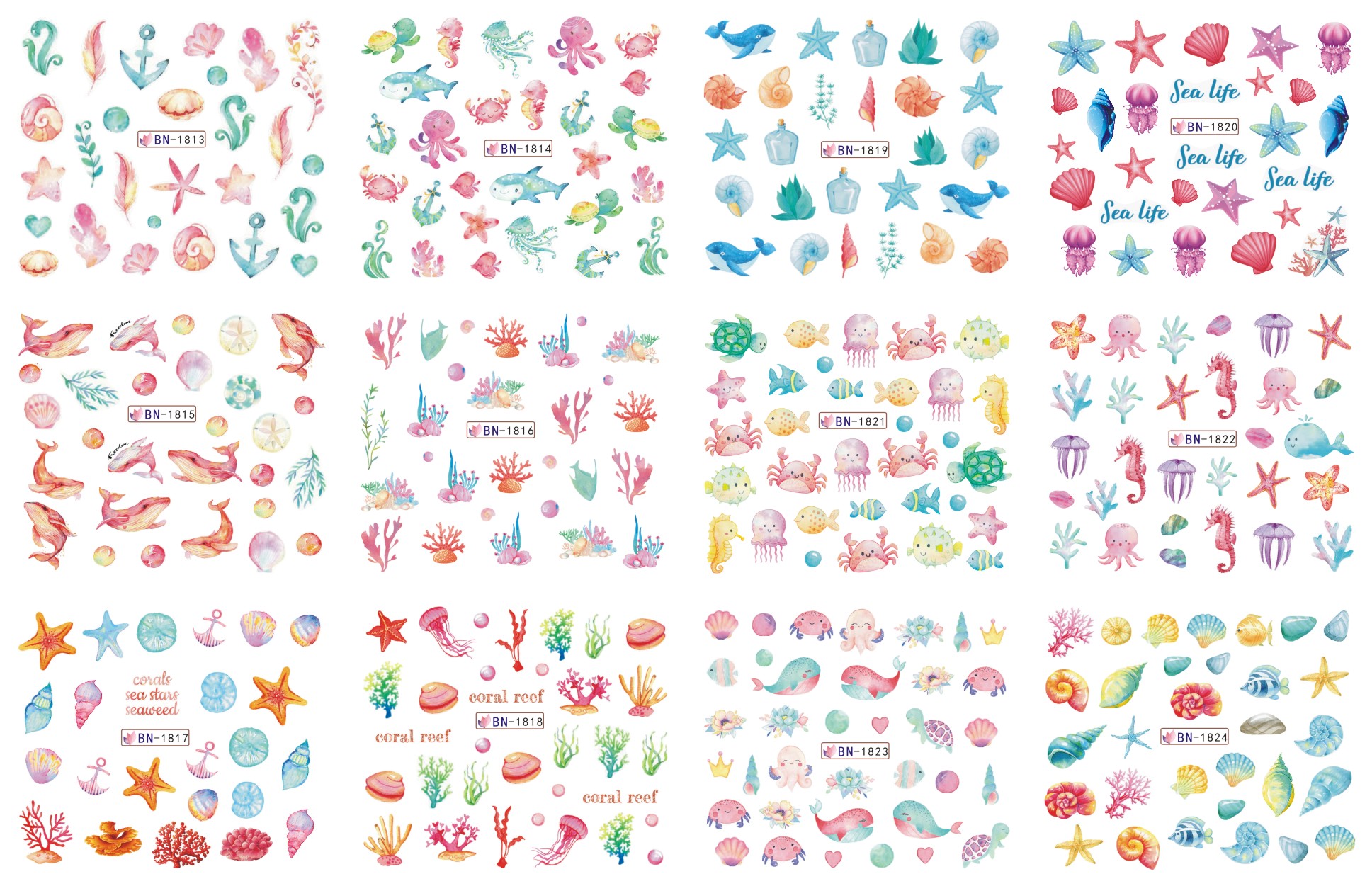 summer ocean cartoon shell dolphin hippo water nail sticker