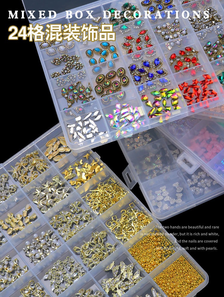 24 grid rhinestone box with flat bottom glass irregular diamond mixed nail accessories set