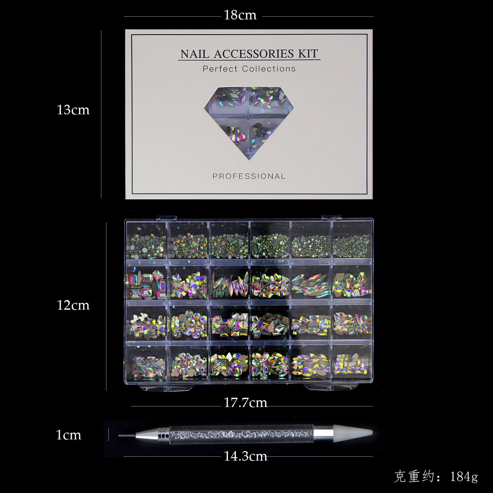 nail art 24 grid mixed glass rhinestone ab flat bottomed irregular diamond diy nail drill size mixed