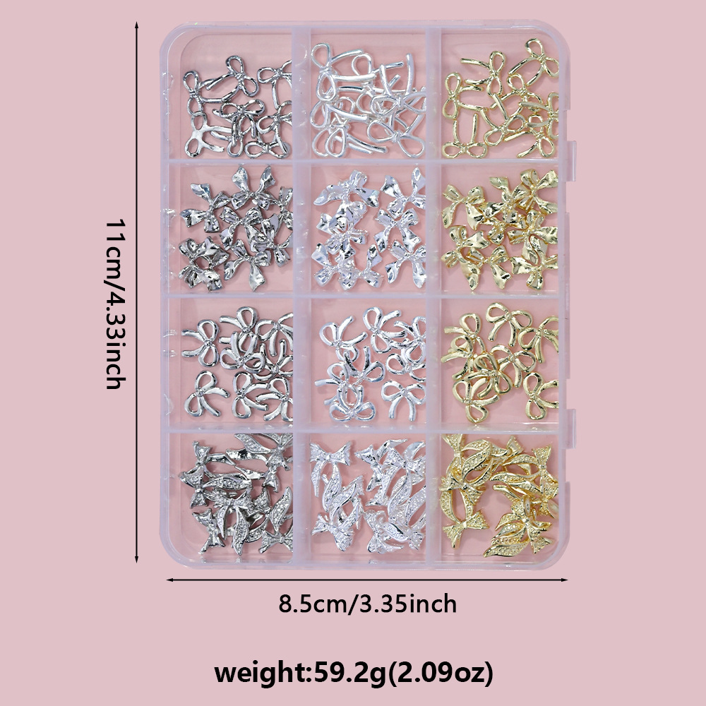 12 grid metal alloy nail accessories butterfly tie gold silver nail decoration wholesale