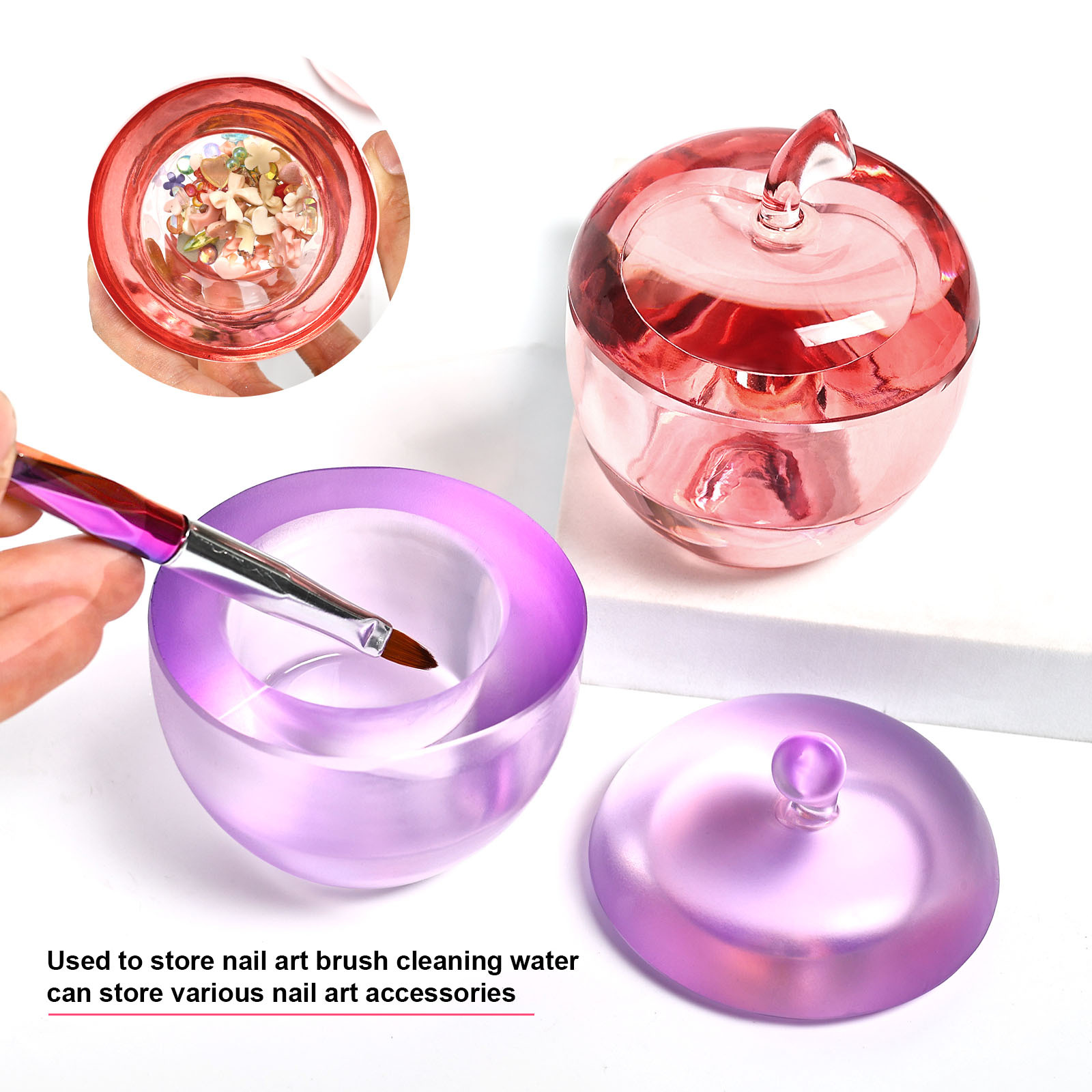 high-quality nail art with lid, apple shaped crystal cup, crystal liquid nail art pen washing cup