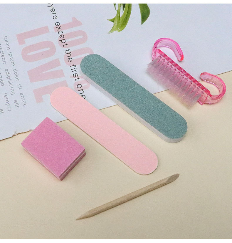 5pcs nail tool kit, wooden file, polishing strip, wooden stick, horn brush, sponge block