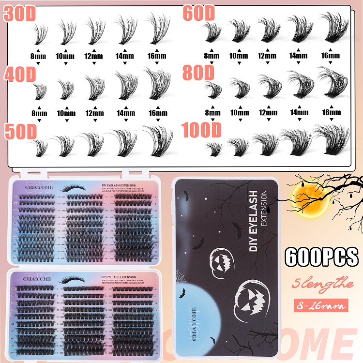 600 cluster false eyelash 8-16mm single cluster 60d+80d+100d hair strap eyelash adhesive set