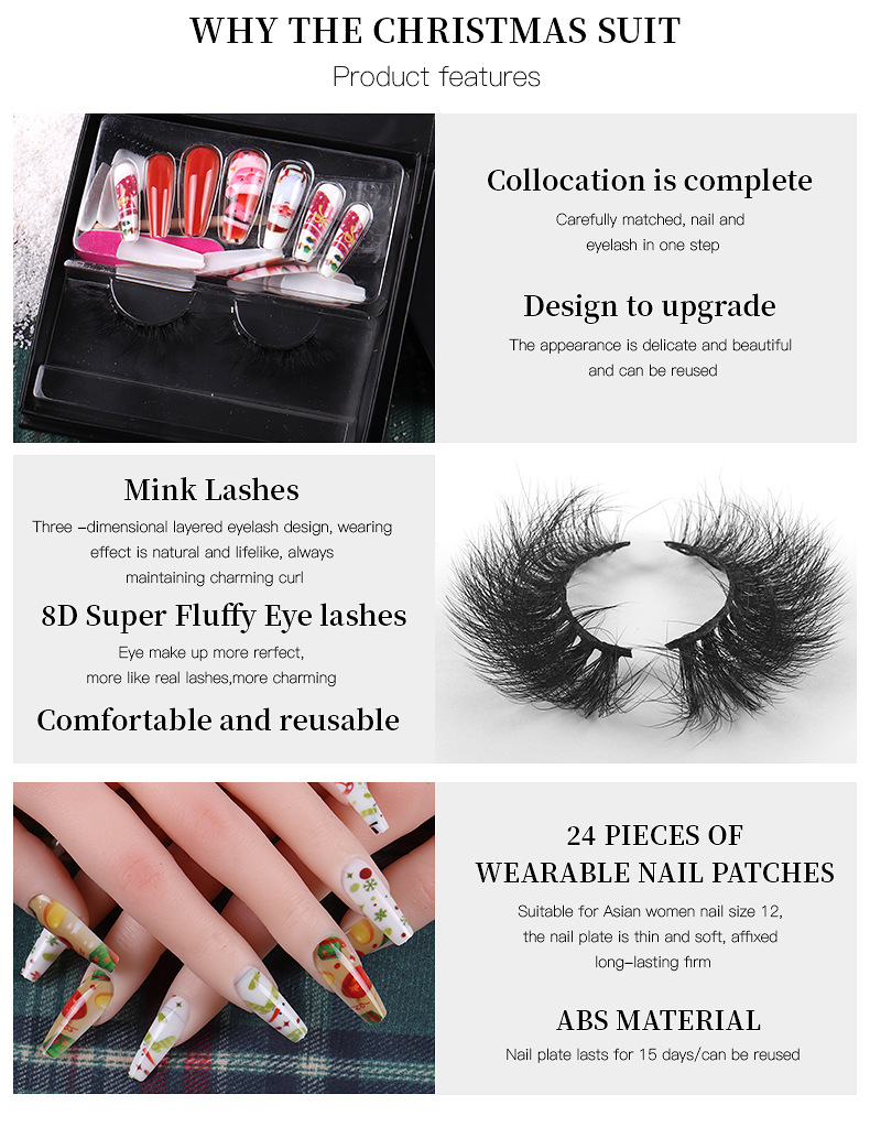 christmas double eyelid mink hair false eyelash nail patch set black packaging eyelash