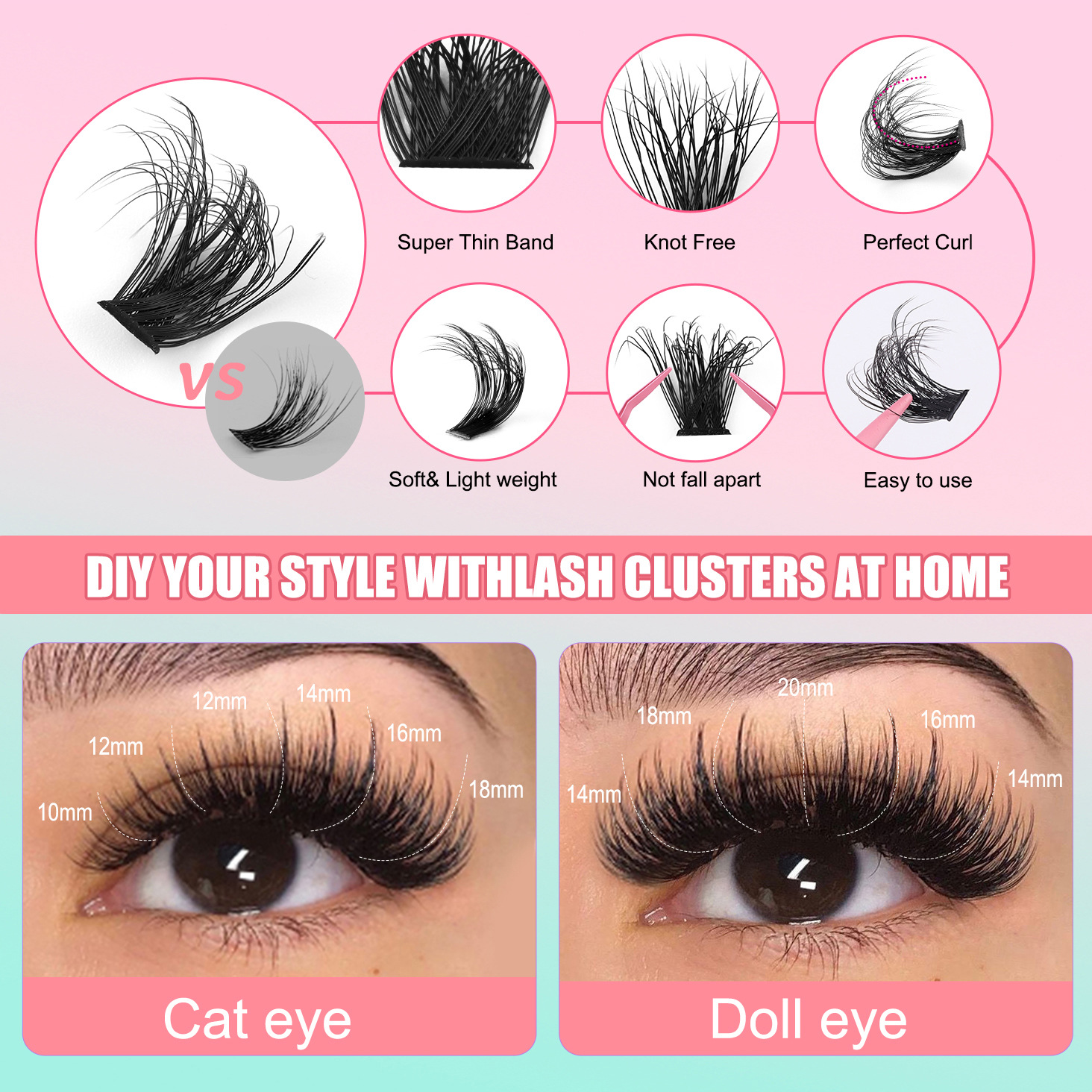false eyelash extension set for europe and america, with 270 clusters of dense 60d+80d+100d eyelashe