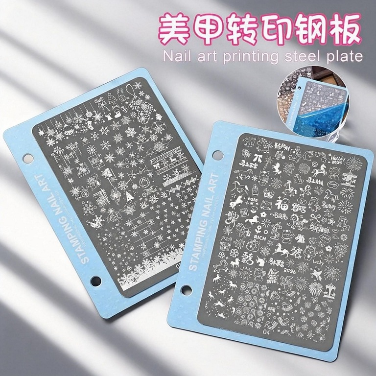 horse new year nail printing steel plate grid snow leopard lace bow nail transfer template